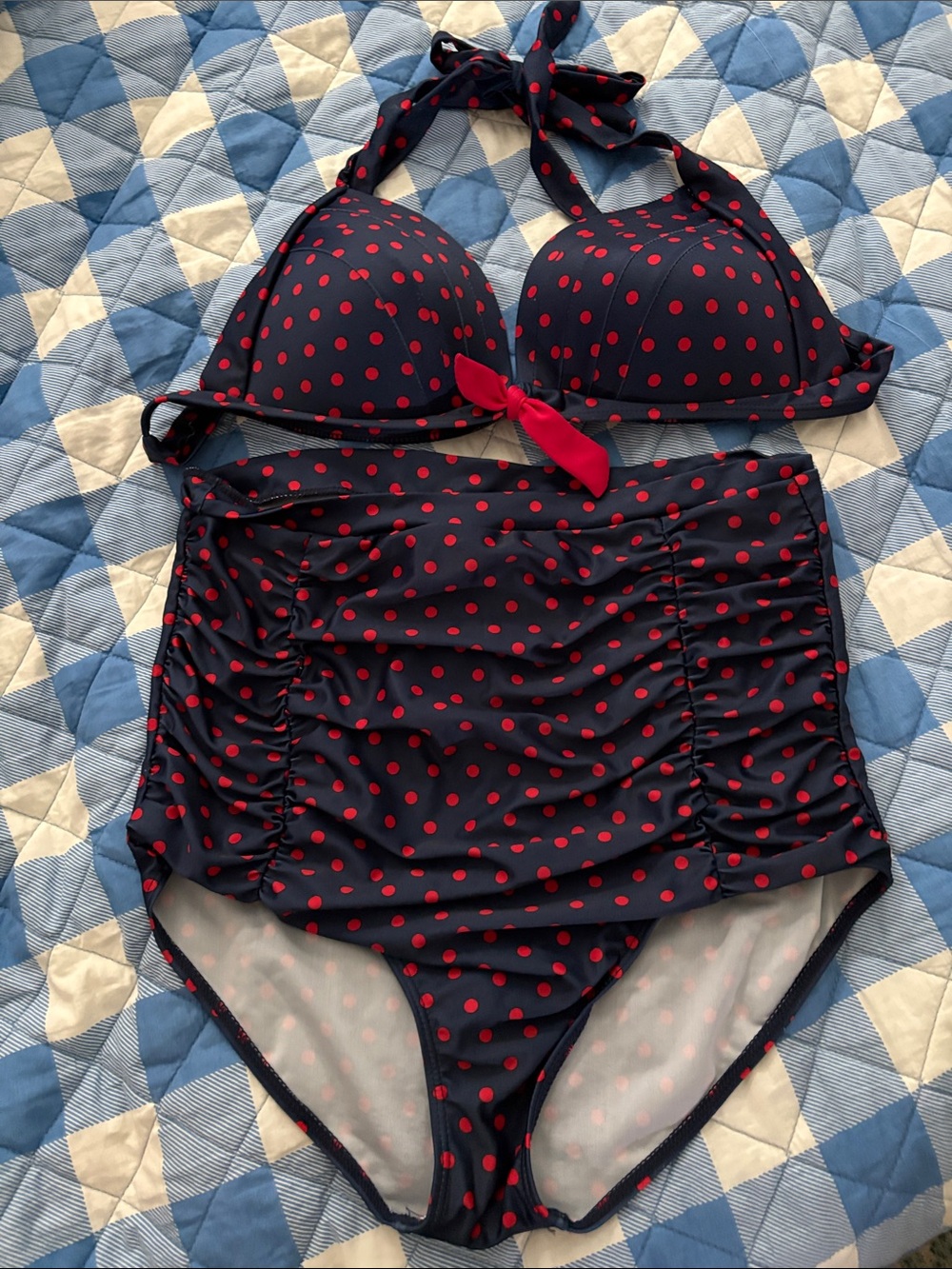 Retro Pinup Navy & Red Polka Dot High Waisted Bikini